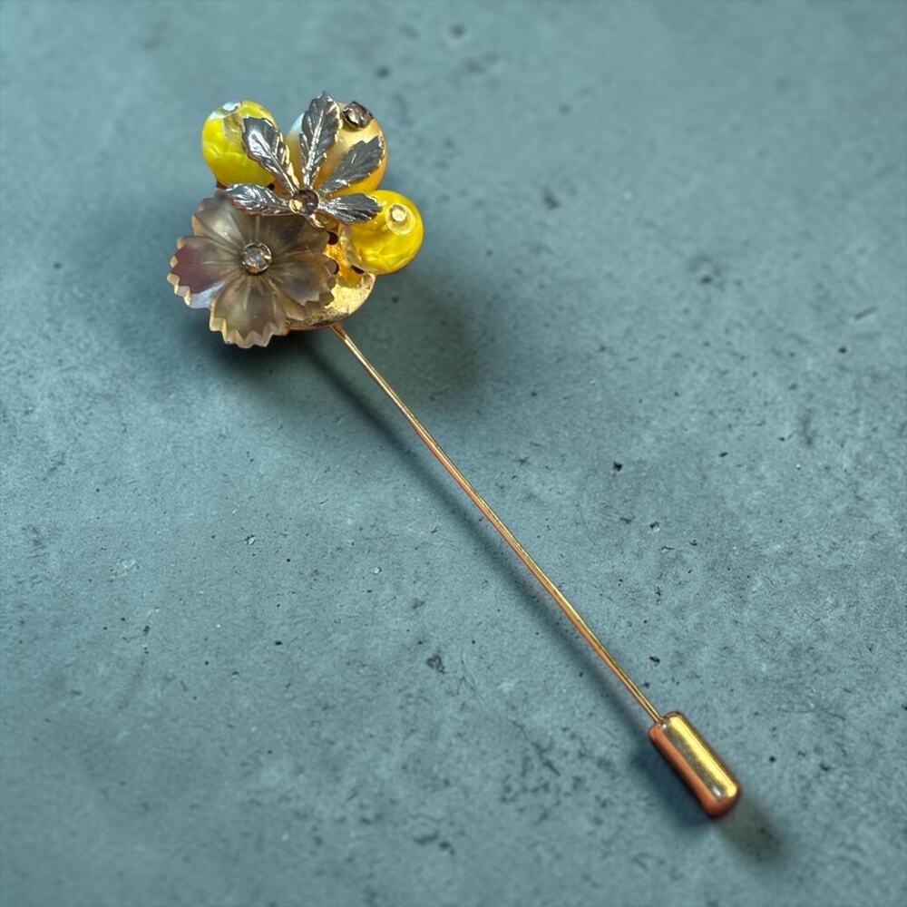 Golden Floral Hat Pin Yellow Glass Bead Stick Pin OOAK Upcycled Vintage